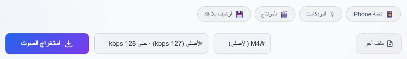 إعدادات جاهزة حسب المهمة، وقائمتا الصيغة والجودة بجوار زر الاستخراج