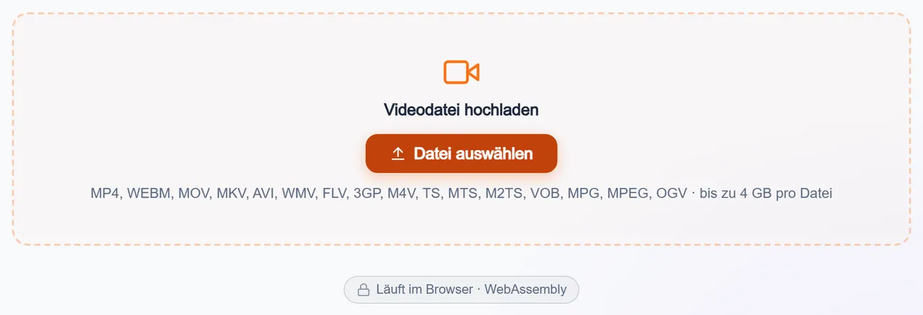 Upload-Zone für Videos mit den unterstützten Formaten und der Größenobergrenze