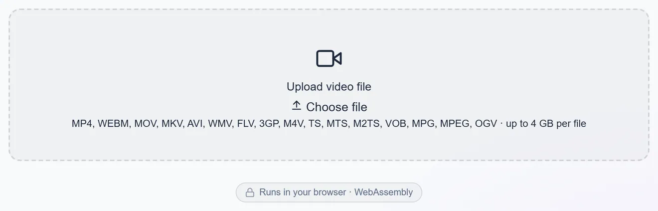 Video upload zone showing the supported formats and the file size ceiling