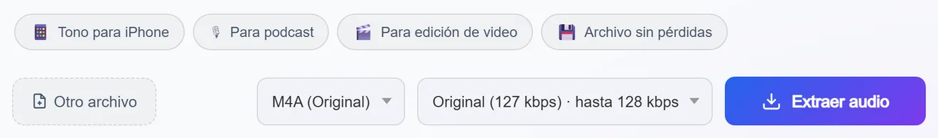 Preajustes por tarea y las listas de formato y calidad junto al botón de extraer