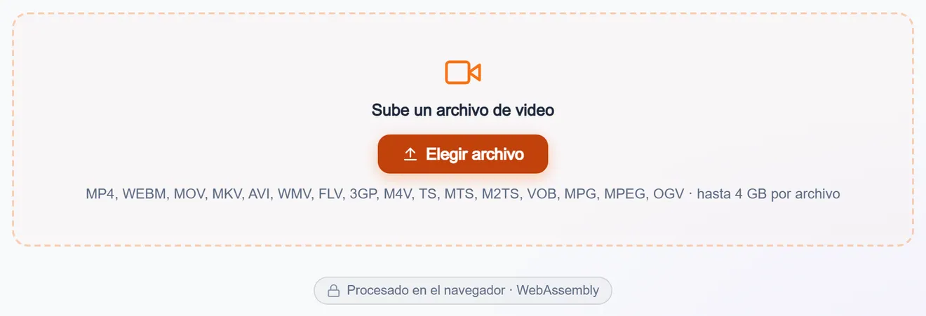 Zona de carga de video con los formatos admitidos y el tope de tamaño