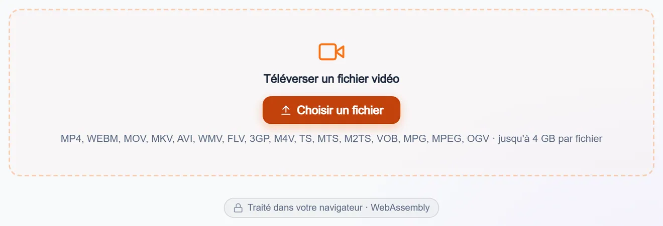 Zone de dépôt vidéo avec les formats acceptés et le plafond de taille