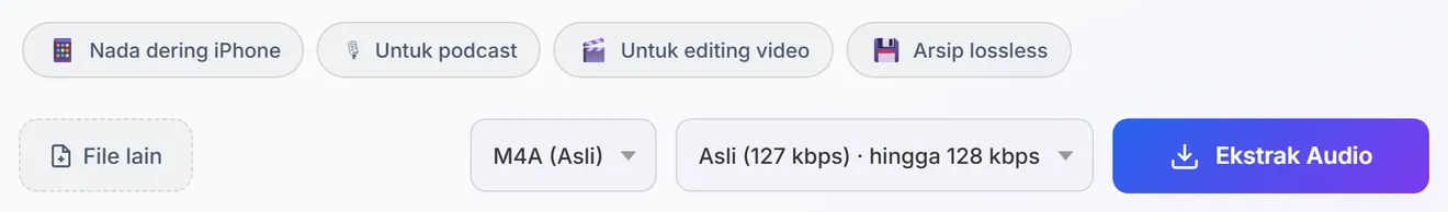 Prasetel pekerjaan serta daftar format dan kualitas di samping tombol ekstrak