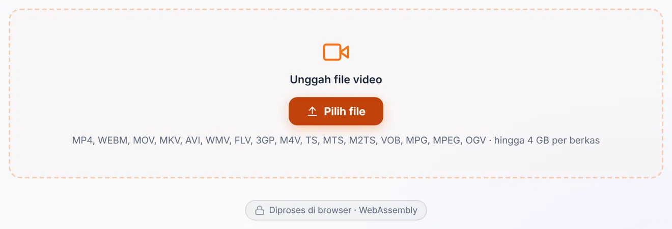 Area unggah video dengan daftar format yang didukung dan batas ukuran berkas