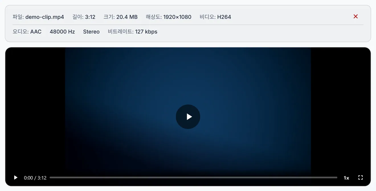 파일 정보 패널: 길이, 크기, 해상도, 코덱, 샘플레이트, 오디오 비트레이트