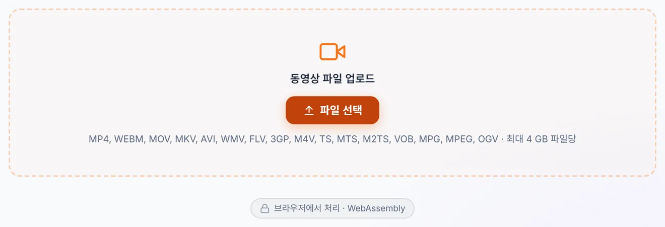 지원 형식 목록과 파일 크기 상한이 표시된 동영상 업로드 영역