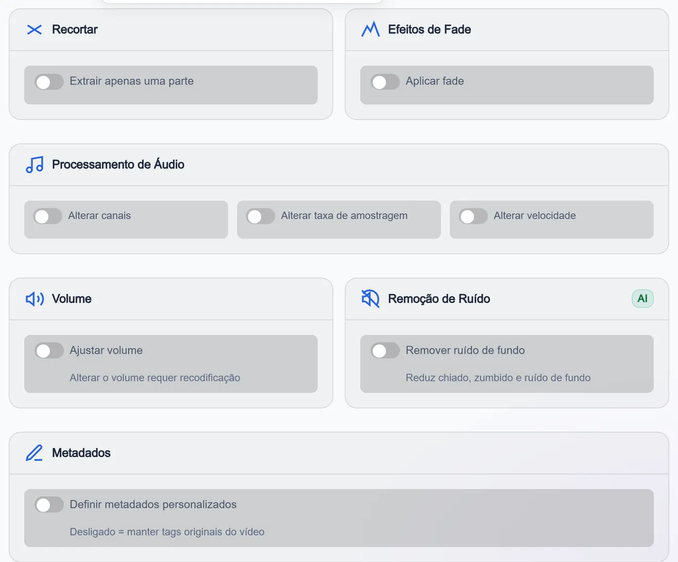 Configurações avançadas: corte por tempo e fades de entrada e saída