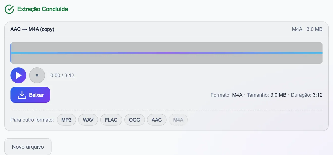 Bloco de resultado: formato, tamanho, duração, player e botão de download