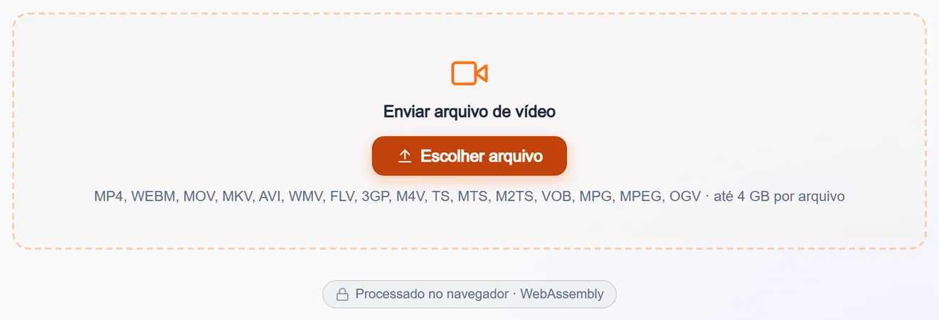 Área de envio de vídeo com os formatos aceitos e o teto de tamanho