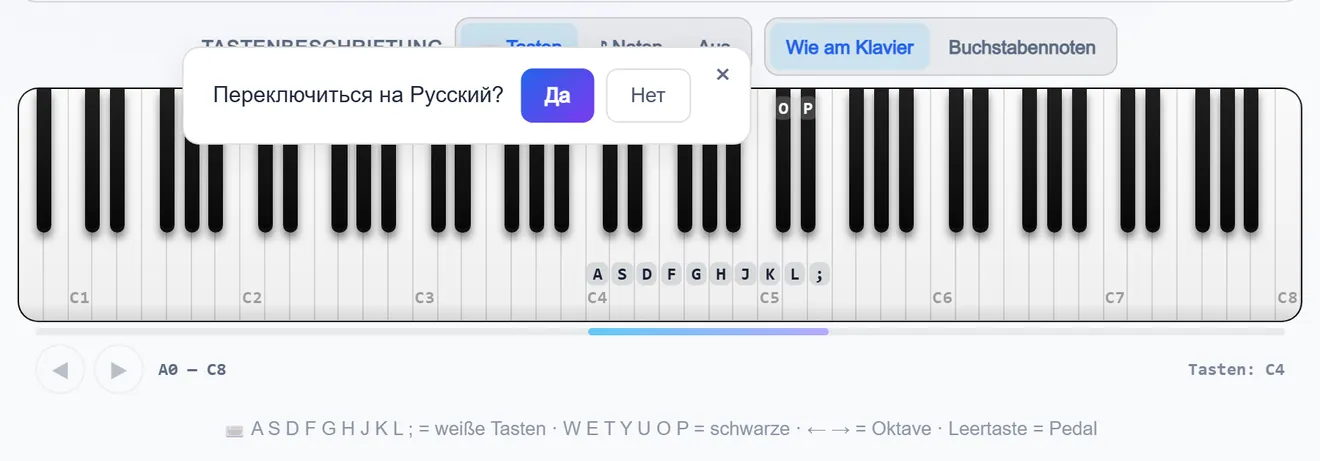 Klaviatur mit Buchstaben auf den Tasten und dem Umschalter für die Belegung
