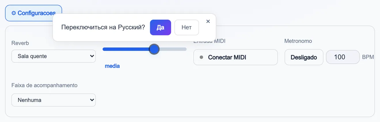 Painel de efeitos: conexão MIDI, metrônomo, base de acompanhamento e reverberação