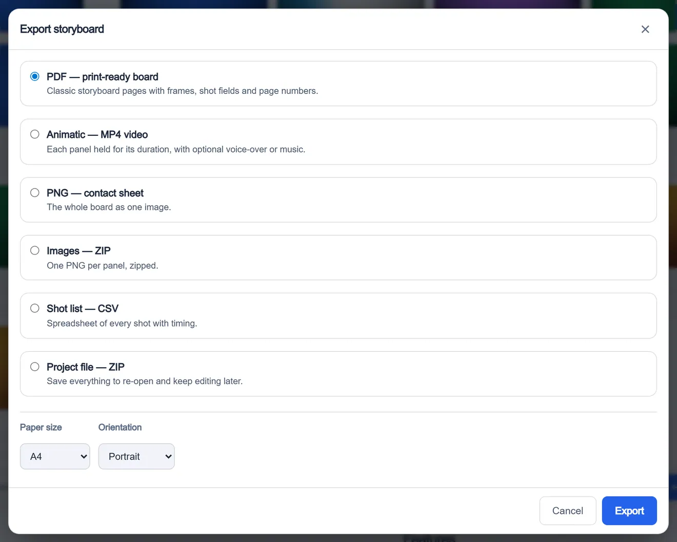 Export dialog: PDF, animatic, contact sheet and table