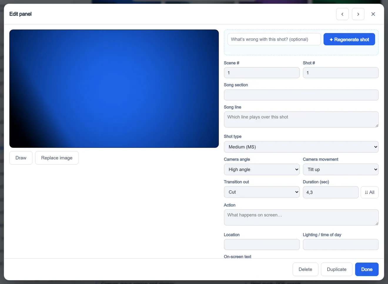 Panel editor: shot size, angle, camera move, duration and dialogue